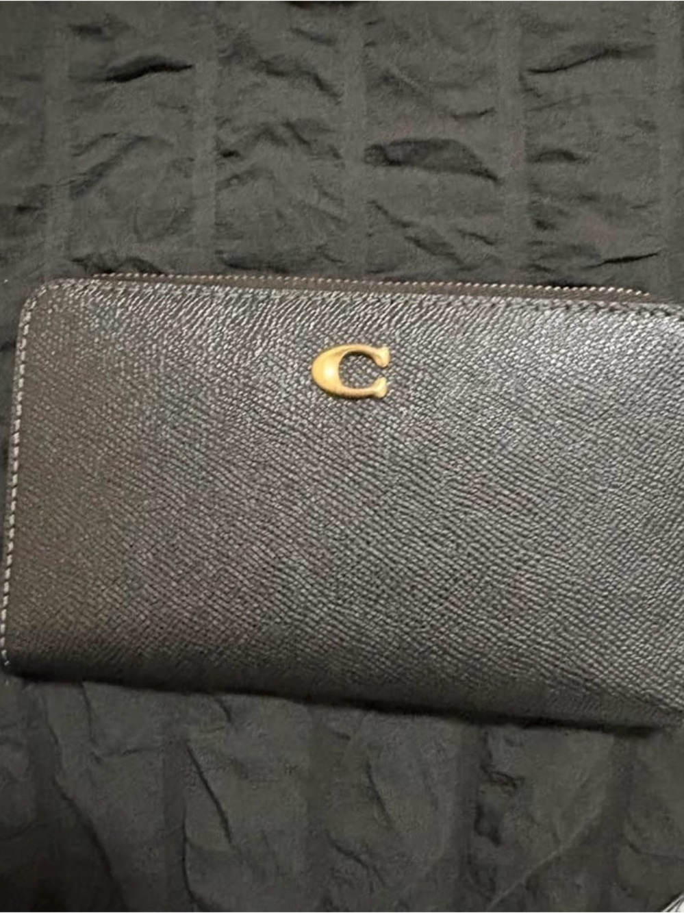 Coach Black Leather Zip-Around Wallet with Gold C Accent